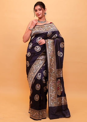 Navy Blue Katan Pure Silk Saree With Blouse Piece