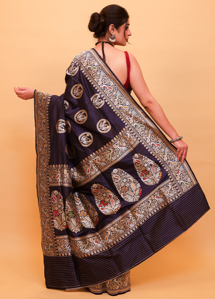 Navy Blue Katan Pure Silk Saree With Blouse Piece