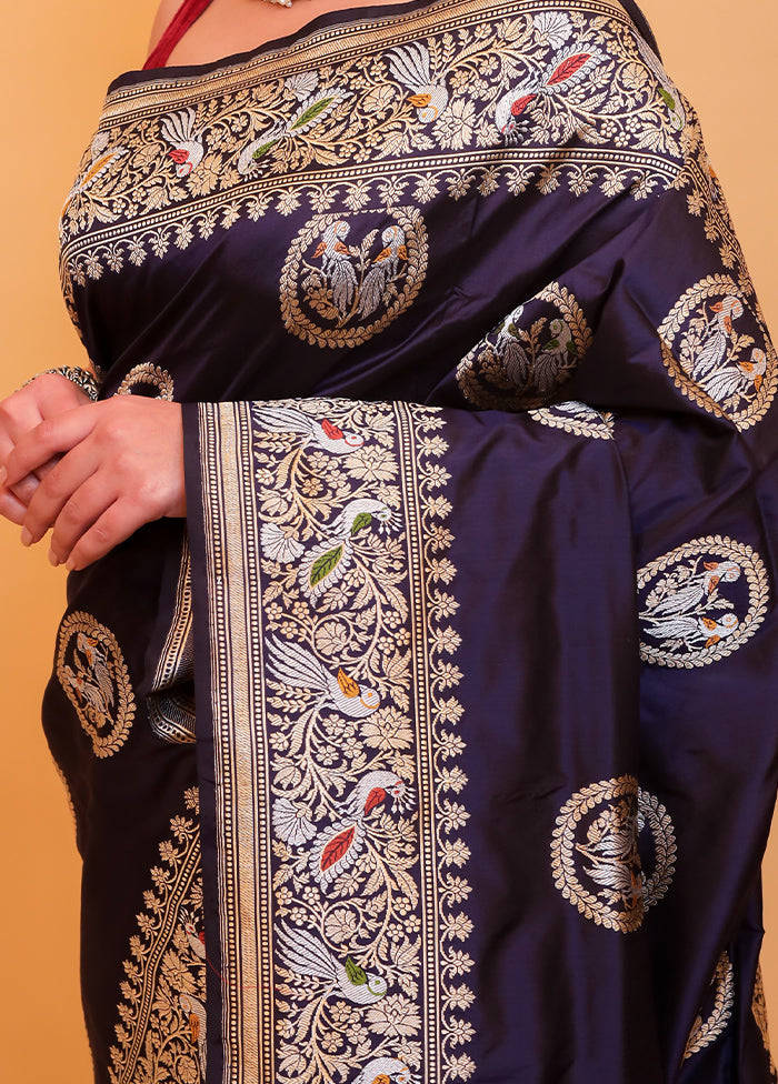 Navy Blue Katan Pure Silk Saree With Blouse Piece