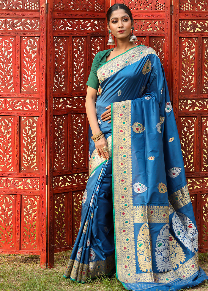 Teal Blue Katan Pure Silk Saree With Blouse Piece