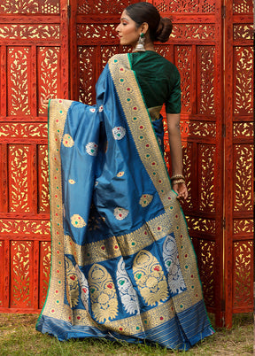 Teal Blue Katan Pure Silk Saree With Blouse Piece