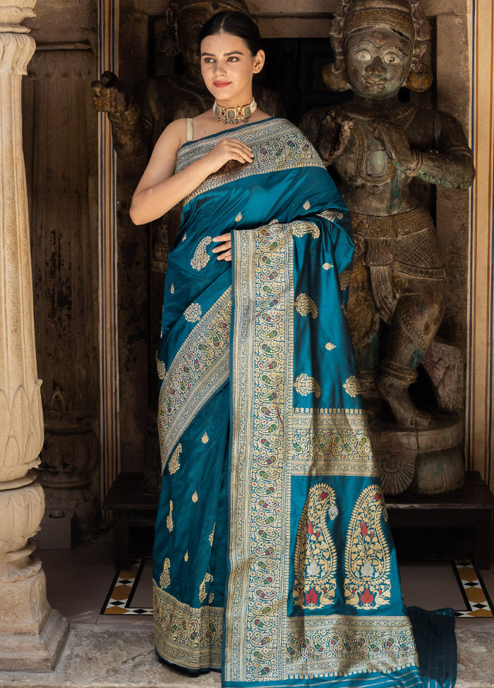 Teal Katan Pure Silk Saree With Blouse Piece