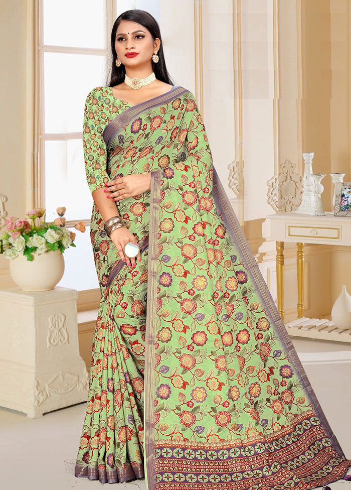 Green Spun Silk Saree With Blouse Piece - Indian Silk House Agencies