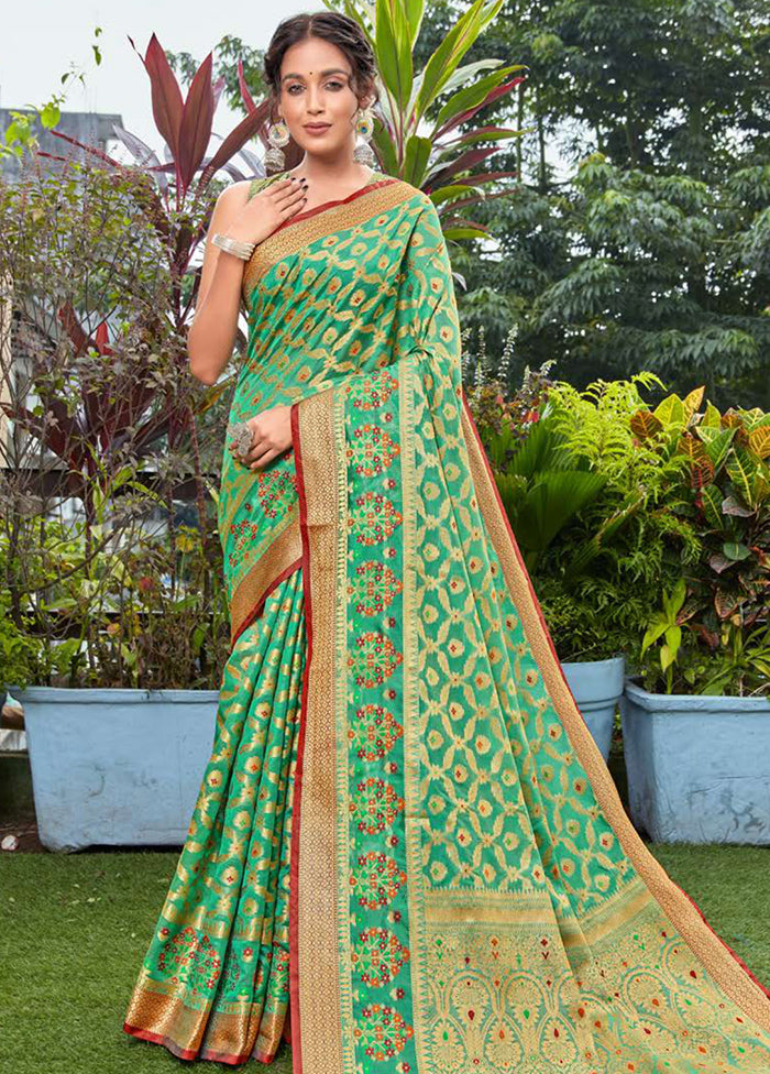 Green Spun Silk Saree With Blouse Piece - Indian Silk House Agencies