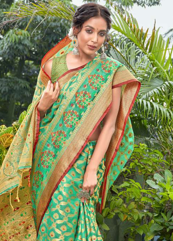 Green Spun Silk Saree With Blouse Piece - Indian Silk House Agencies