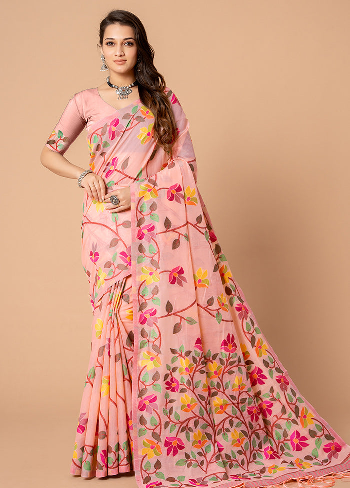 Pink Cotton Saree With Blouse Piece