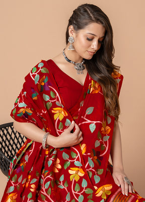 Red Cotton Saree With Blouse Piece