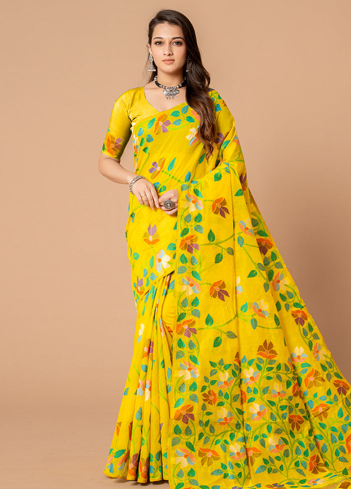 Yellow Cotton Saree With Blouse Piece