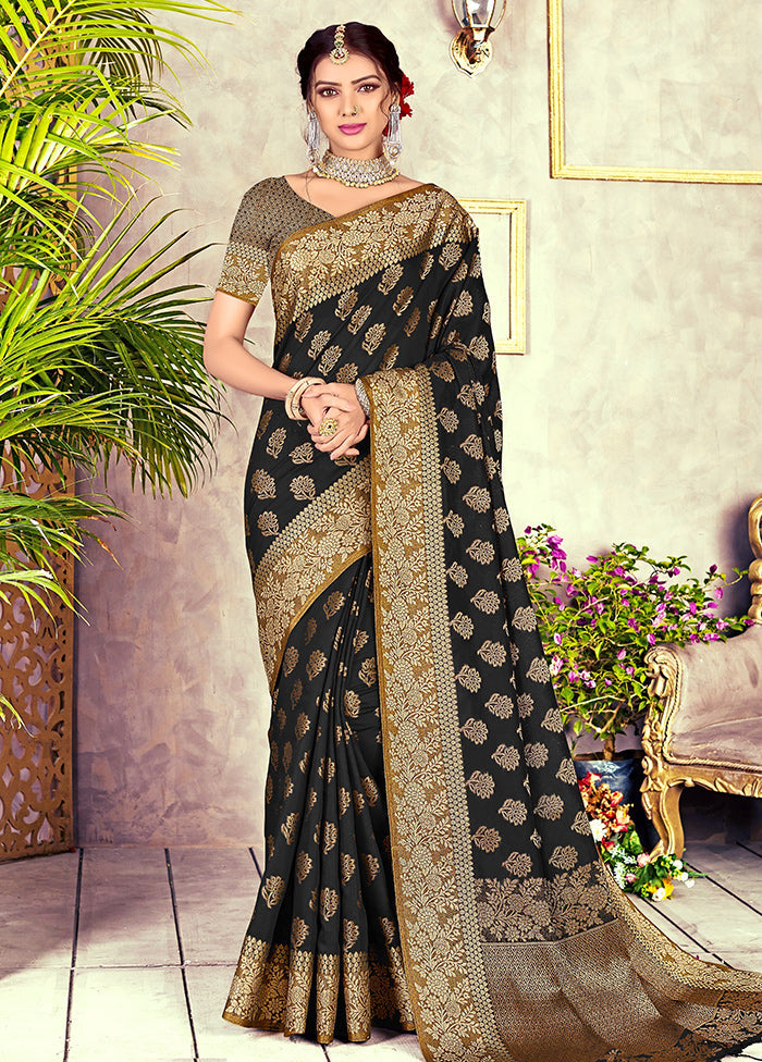 Black Chanderi Silk Saree With Blouse Piece - Indian Silk House Agencies