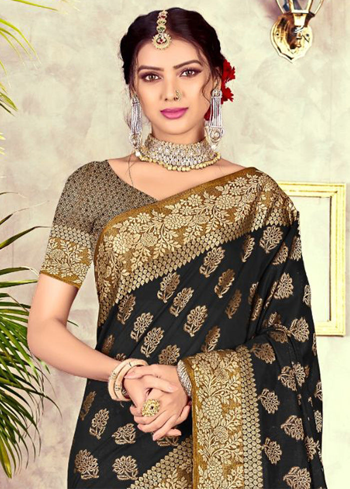 Black Chanderi Silk Saree With Blouse Piece - Indian Silk House Agencies