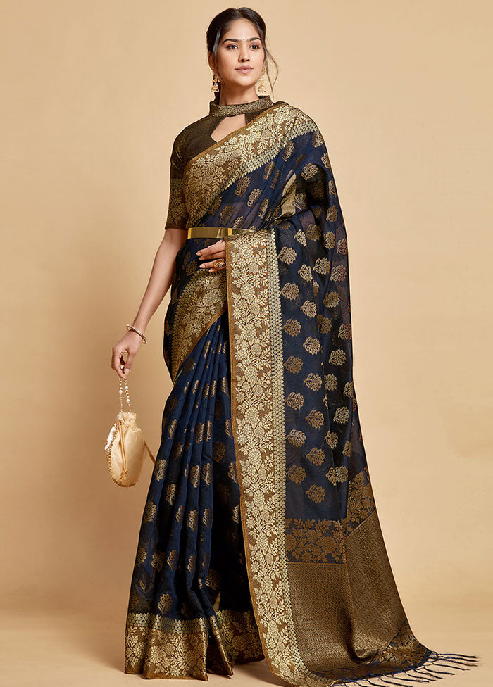 Navy Blue Spun Silk Saree With Blouse Piece - Indian Silk House Agencies