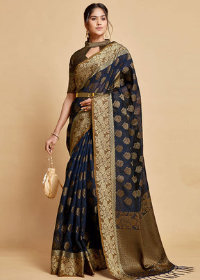 Navy Blue Spun Silk Saree With Blouse Piece - Indian Silk House Agencies