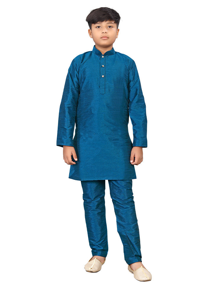 2 Pc Sky Blue Pure Silk Kurta Pajama Set - Indian Silk House Agencies