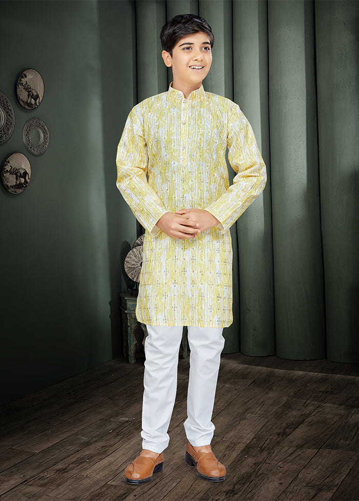 2 Pc Light Yellow Cotton Kurta Pajama Set - Indian Silk House Agencies