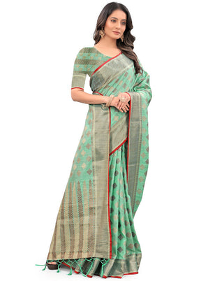 Sea Green Spun Silk Saree With Blouse Piece