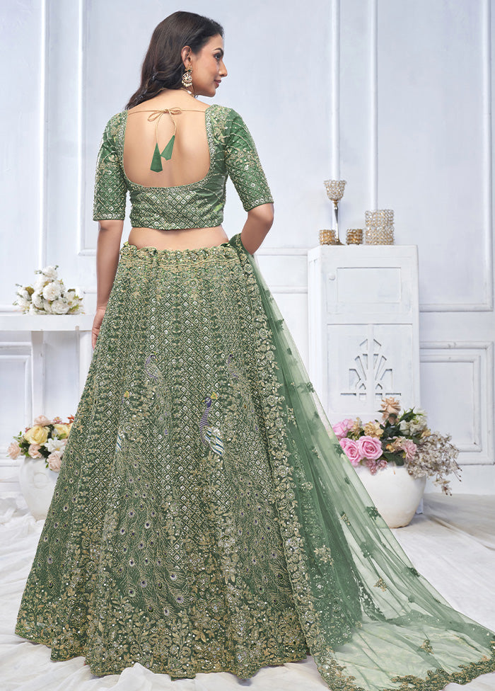 3 Pc Green Net Semi Stitched Lehenga Set