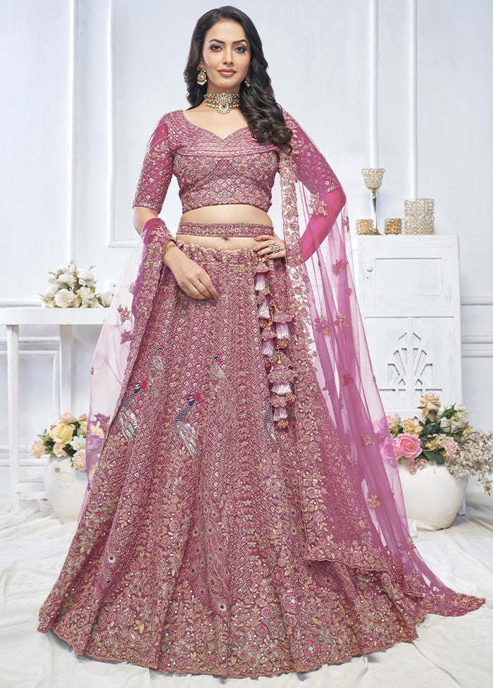 3 Pc Purple Net Semi Stitched Lehenga Set