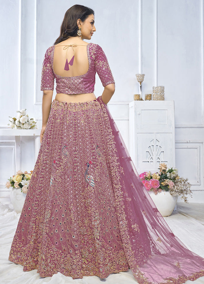 3 Pc Purple Net Semi Stitched Lehenga Set