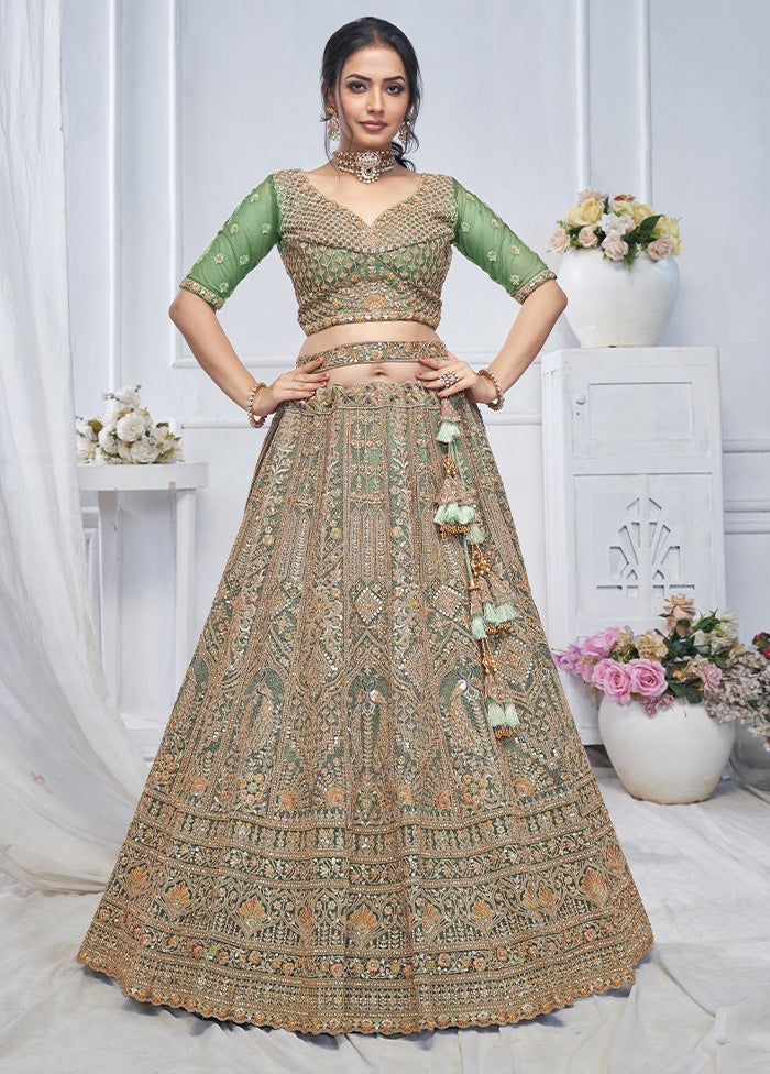 3 Pc Green Net Semi Stitched Lehenga Set