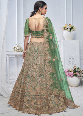 3 Pc Green Net Semi Stitched Lehenga Set