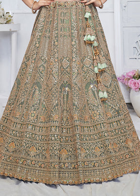 3 Pc Green Net Semi Stitched Lehenga Set