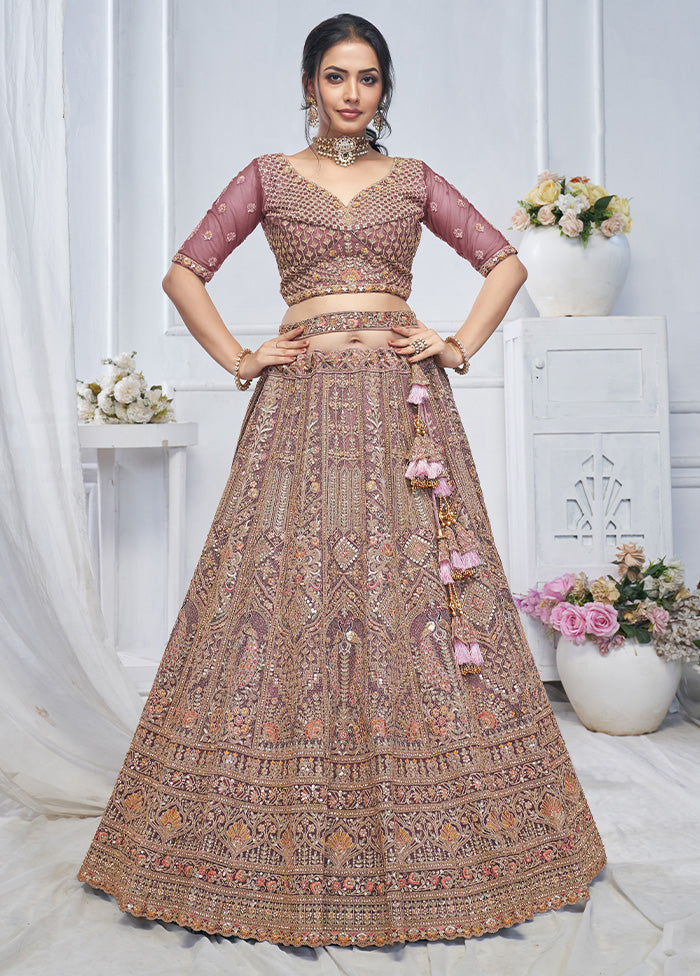 3 Pc Purple Net Semi Stitched Lehenga Set