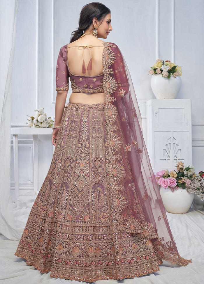 3 Pc Purple Net Semi Stitched Lehenga Set