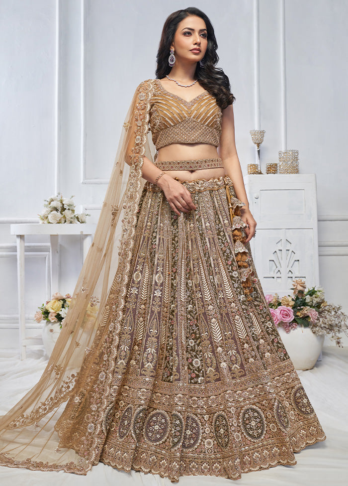 3 Pc Brown Net Semi Stitched Lehenga Set