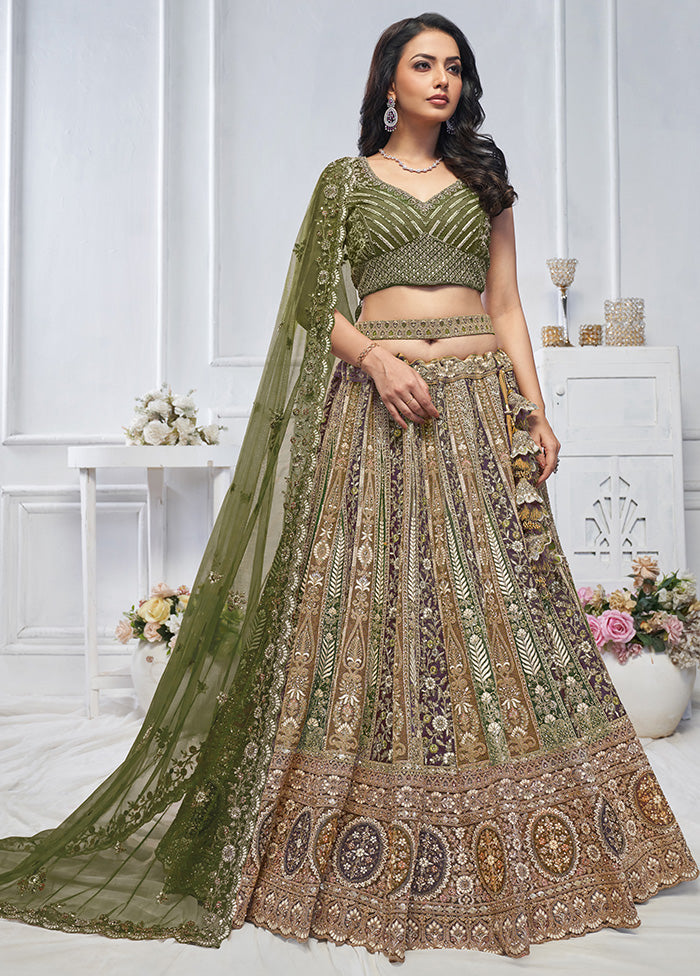 3 Pc Green Net Semi Stitched Lehenga Set