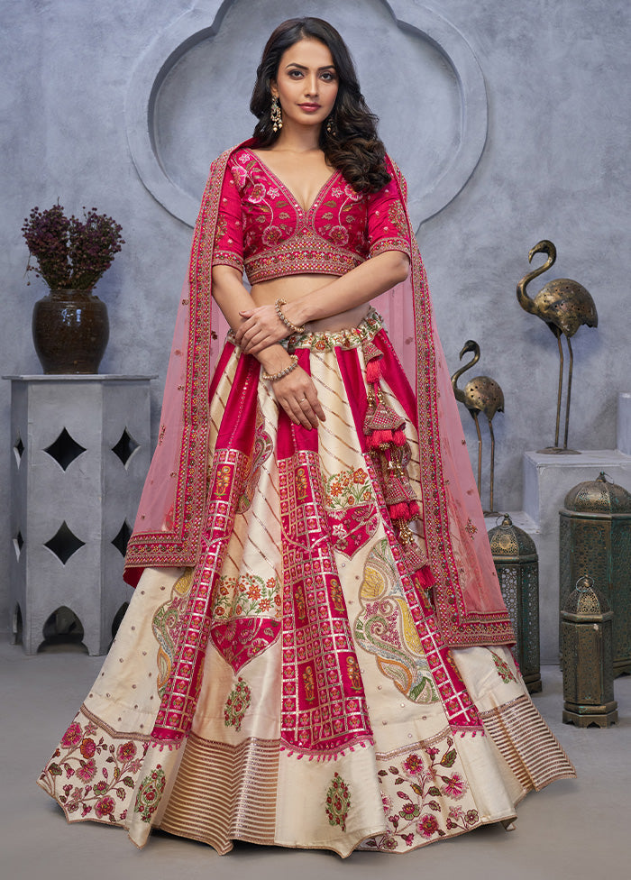 3 Pc Cream Pure Silk Semi Stitched Lehenga Set