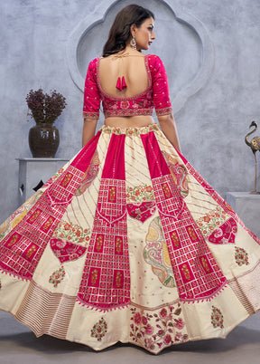 3 Pc Cream Pure Silk Semi Stitched Lehenga Set