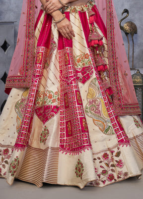 3 Pc Cream Pure Silk Semi Stitched Lehenga Set