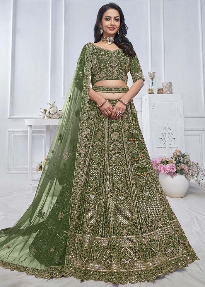 3 Pc Green Net Semi Stitched Lehenga Set