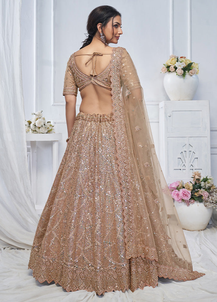 3 Pc Brown Net Semi Stitched Lehenga Set