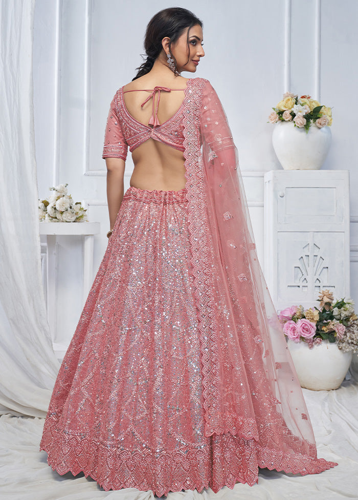 3 Pc Pink Net Semi Stitched Lehenga Set