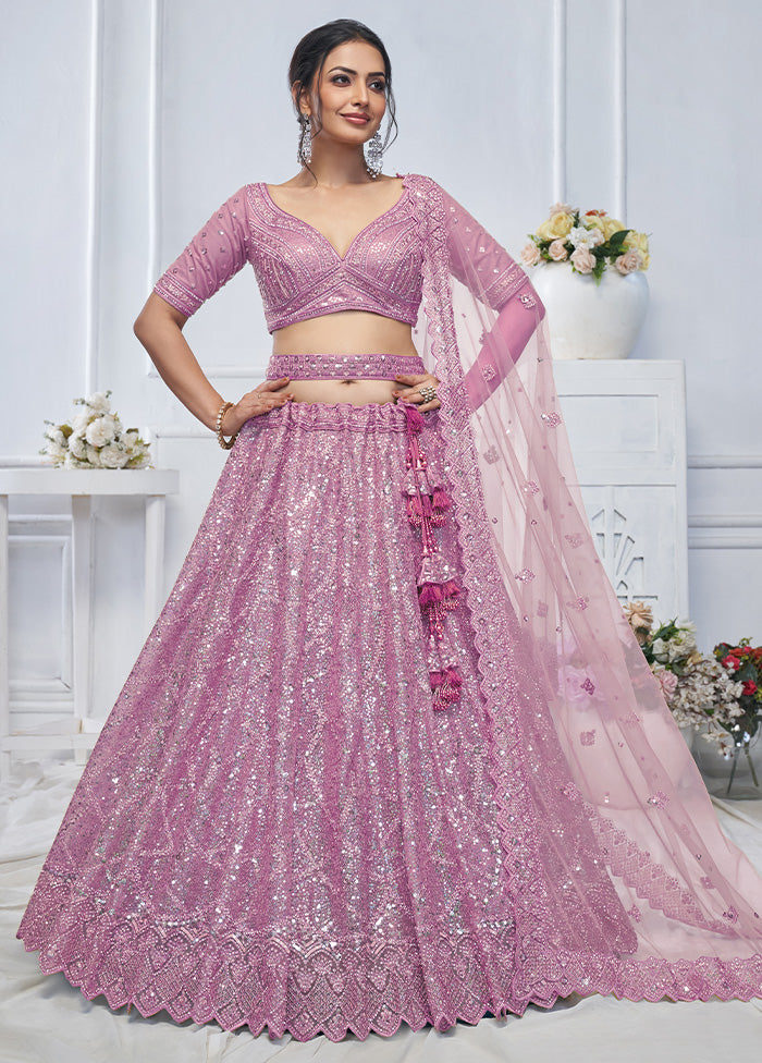 3 Pc Purple Net Semi Stitched Lehenga Set