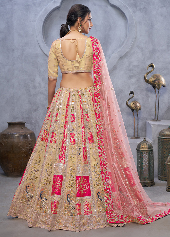 3 Pc Pink Silk Semi Stitched Lehenga Set