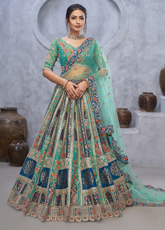 3 Pc Green Silk Semi Stitched Lehenga Set