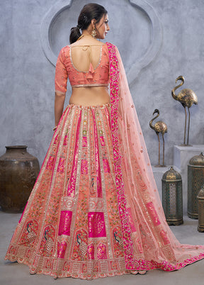 3 Pc Pink Silk Semi Stitched Lehenga Set