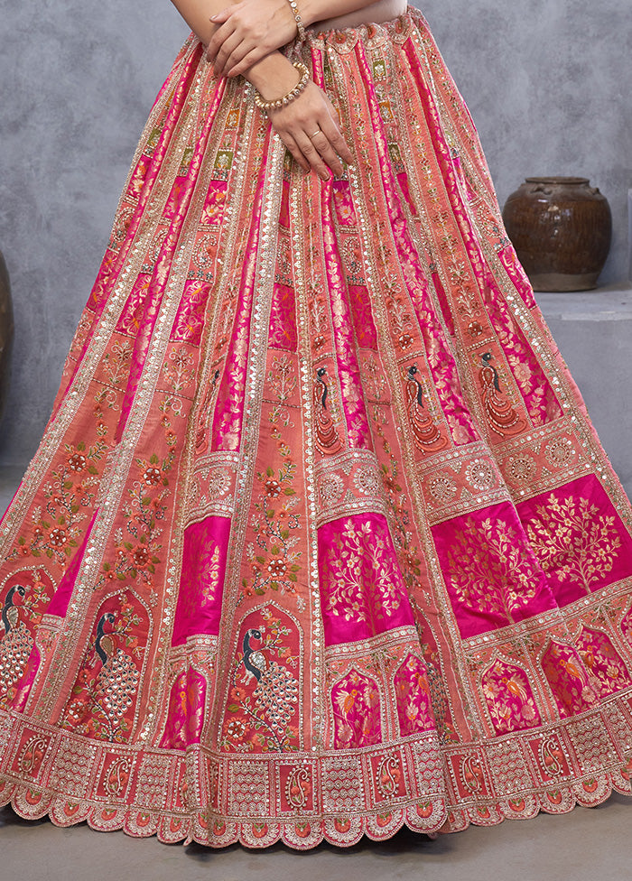 3 Pc Pink Silk Semi Stitched Lehenga Set