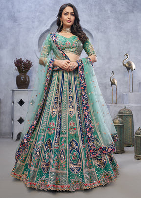 3 Pc Green Silk Semi Stitched Lehenga Set