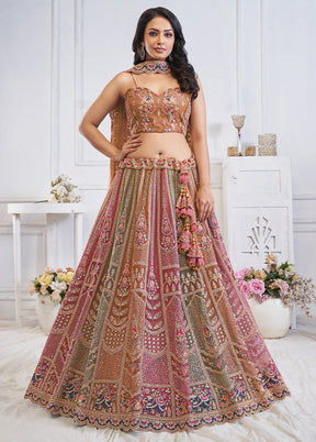 3 Pc Pink Net Semi Stitched Lehenga Set