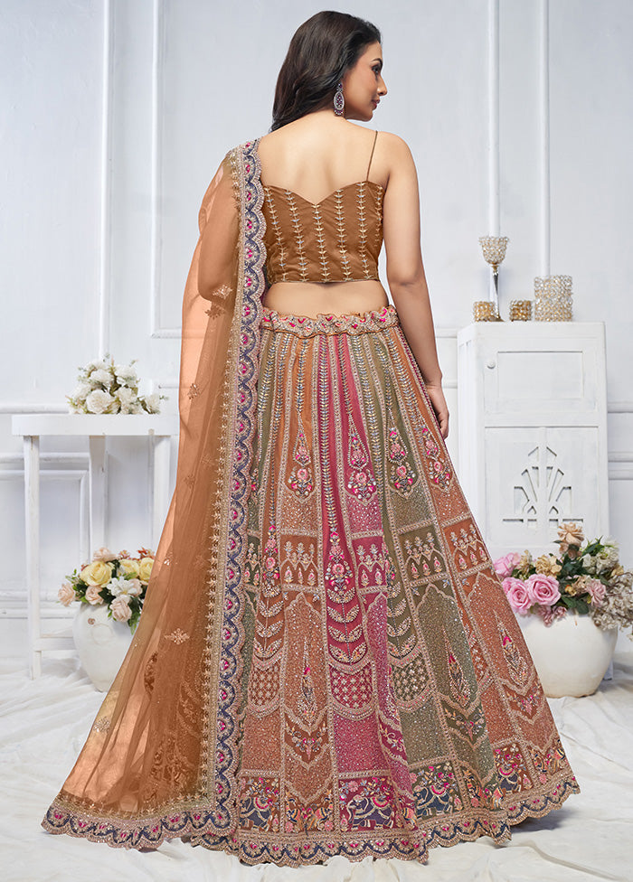 3 Pc Pink Net Semi Stitched Lehenga Set