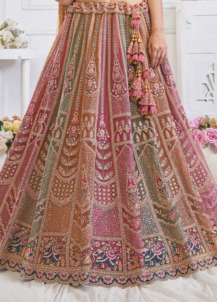 3 Pc Pink Net Semi Stitched Lehenga Set