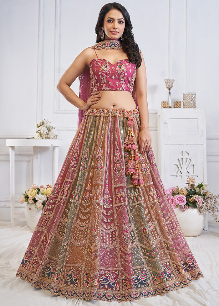 3 Pc Purple Net Semi Stitched Lehenga Set