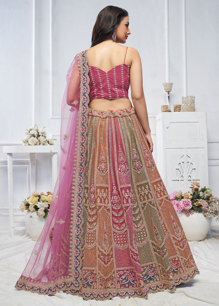 3 Pc Purple Net Semi Stitched Lehenga Set