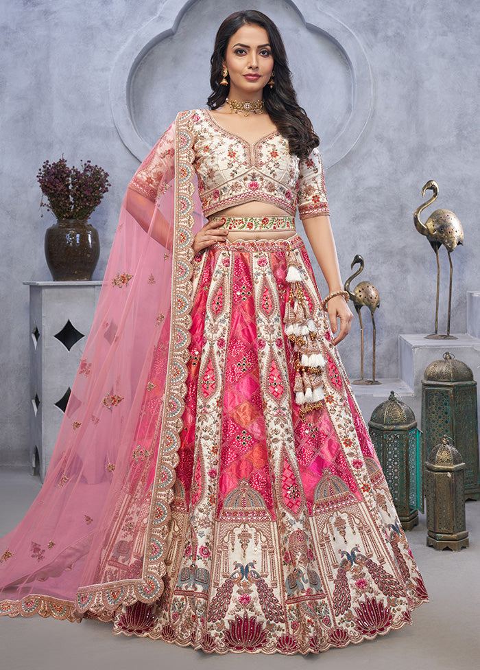 3 Pc Pink Silk Semi Stitched Lehenga Set