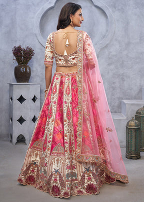 3 Pc Pink Silk Semi Stitched Lehenga Set