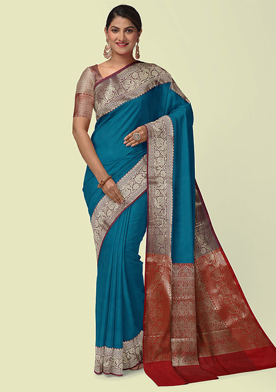 Cerulean Blue Silk Saree With Blouse Piece - Indian Silk House Agencies