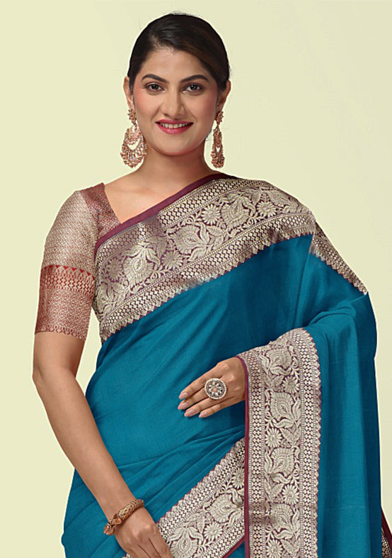 Cerulean Blue Silk Saree With Blouse Piece - Indian Silk House Agencies